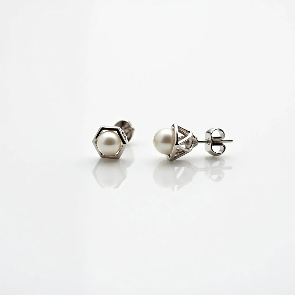 These small earrings feature a lustrous white pearl prominently set in a geometric metal framework. The pearls are round and appear to be the central focus, housed within a hexagonal setting that elegantly frames each one. The setting is likely made of a polished metal, possibly silver or white gold, enhancing the shine of the pearls. Each earring is secured with a post and butterfly clutch back, ensuring a secure fit when worn. The clean lines of the metal setting and the smooth surface of the pearls create a contemporary and sophisticated design.