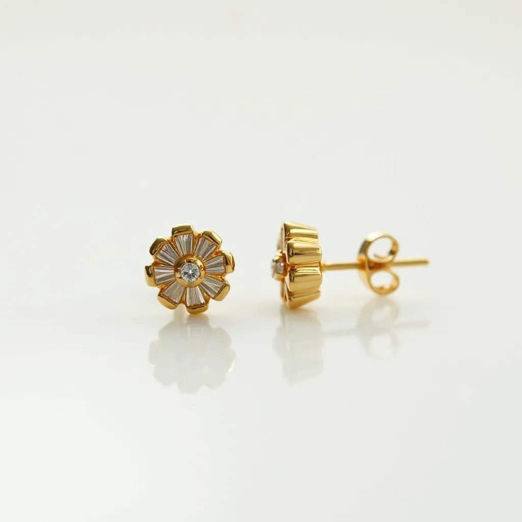 These small earrings feature a floral design crafted from gold with a central round-cut gemstone, likely a diamond, set securely in a prong setting. The petals are embellished with baguette-cut stones, adding a textured elegance to the overall design. The earrings are equipped with a classic post and butterfly clutch back for secure attachment, ensuring both style and comfort for everyday wear.