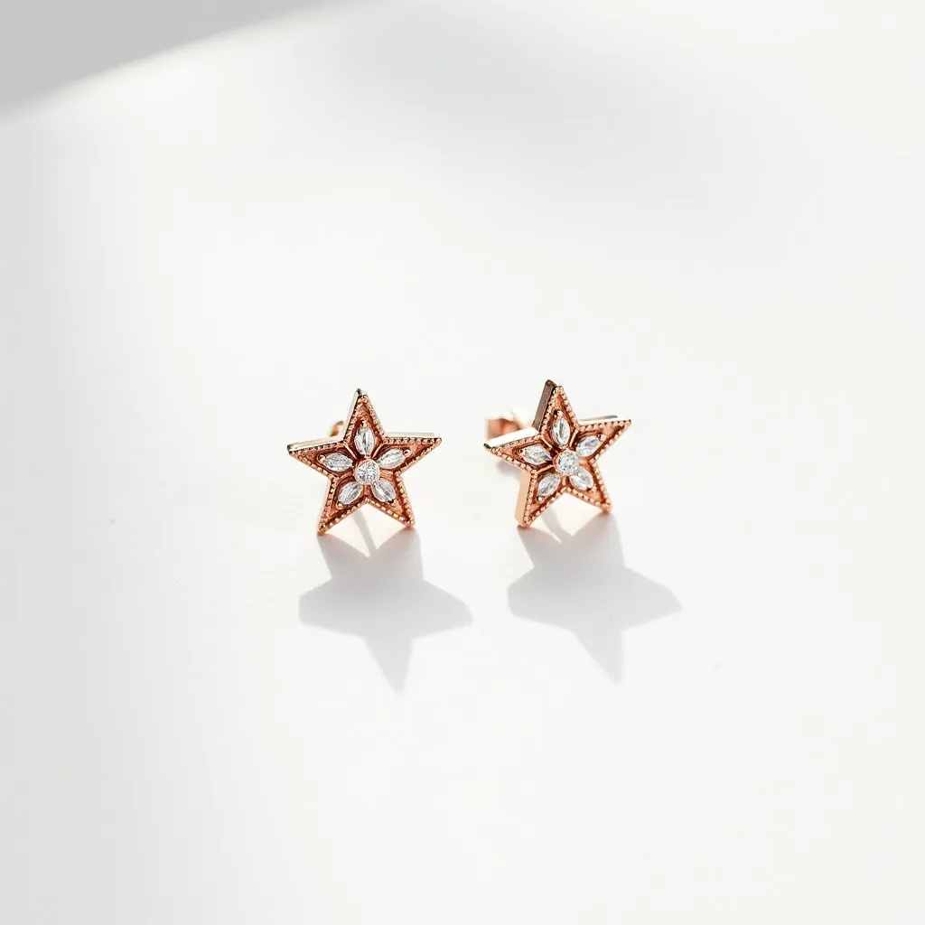 These star stud earrings feature a delicate design with a rose gold metal finish. Each earring showcases a beautifully cut gemstone at its center, surrounded by smaller stones elegantly set into the points of the star, creating a captivating sparkle. The stones are carefully held in place with a bezel setting, enhancing their brilliance and securing them securely. The earrings are equipped with a classic butterfly clasp, providing both comfort and ease of use. The combination of rose gold and the sparkling gems gives these earrings a sophisticated and elegant appeal.