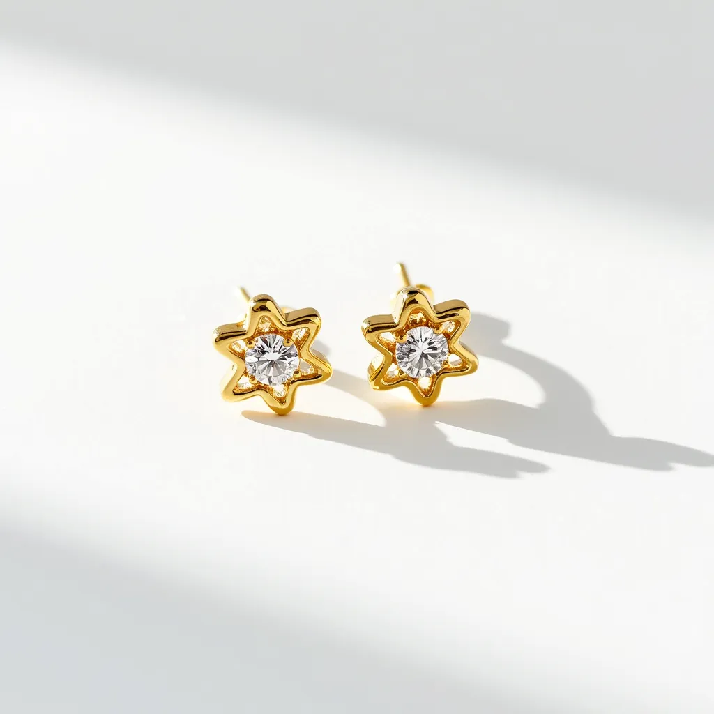 These star stud earrings feature a charming design crafted from gold-tone metal, forming a delicate star shape. At the center of each earring is a sparkling round-cut gem, likely a cubic zirconia or similar stone, securely set in a prong setting that enhances its brilliance. The simplicity of the post-back attachment ensures a comfortable fit and clean aesthetic, making them versatile for everyday wear or special occasions.