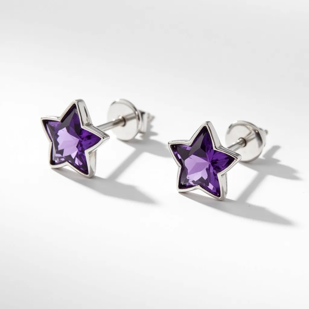 These star stud earrings feature a striking design with a star-shaped purple gem as the focal point. The gem is likely crafted from a material such as amethyst or a similar stone, showcasing a faceted cut that enhances its sparkle and color depth. The star is set within a polished silver-toned metal setting that provides a sleek outline for the gem, ensuring it stands out prominently. These earrings are affixed with a classic push-back clasp, offering secure and comfortable wear. The combination of the vibrant purple stone and the silver setting creates a harmonious and eye-catching accessory.