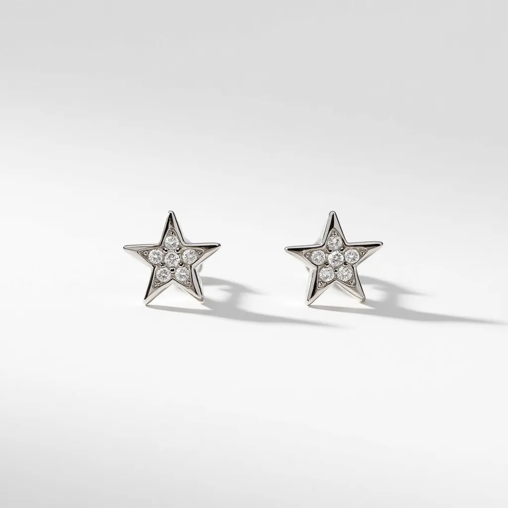 These star stud earrings feature a striking design crafted from a metallic material, likely silver or white gold, which enhances their lustrous appearance. Each earring is adorned with small, round-cut gems that are arranged in a cluster pattern within the star, creating a sparkling effect. The stones are held securely in place by a prong setting, which adds to their brilliance and reflects light from multiple angles. These earrings utilize a simple post back, providing a secure and comfortable fit for the wearer.