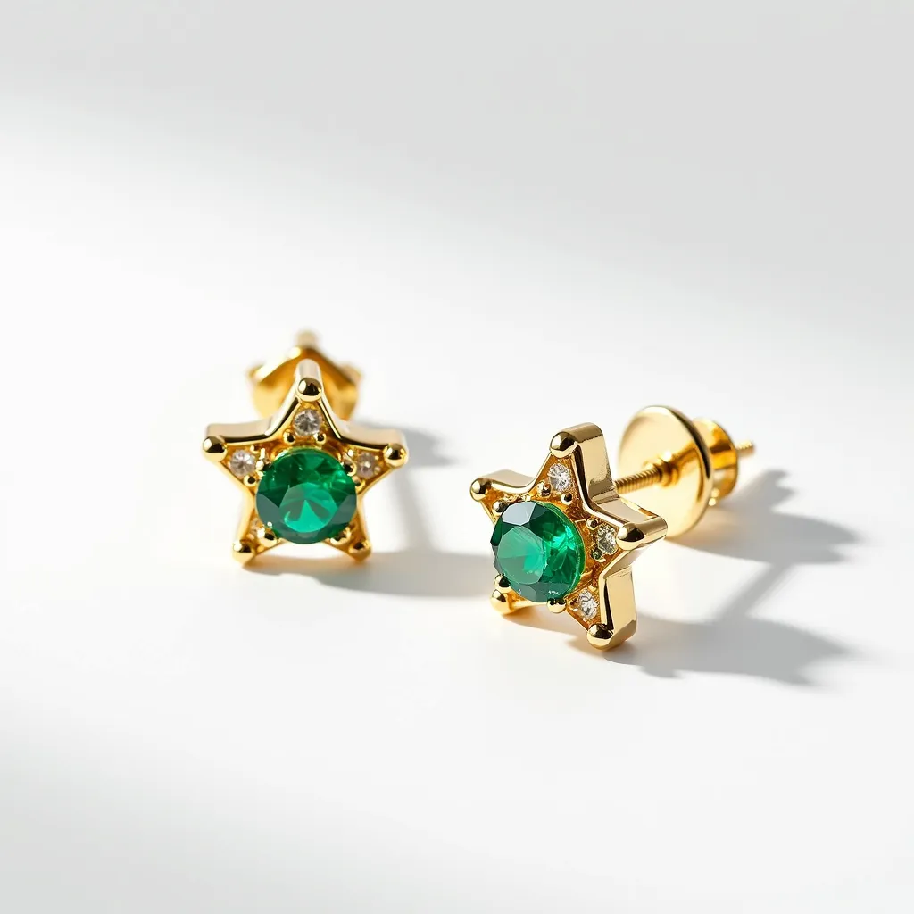 These star stud earrings feature a radiant design crafted in a gold-toned metal. At the center of each star is a vibrant green gemstone, likely a round-cut emerald or a similar green stone. The surrounding star shape is accentuated with small, clear stones set into the points, possibly diamonds or cubic zirconia, enhancing the sparkle. The earrings utilize a screw-back design for secure attachment, ensuring they stay in place comfortably. The combination of green and gold creates a striking yet elegant aesthetic, perfect for adding a touch of luxury to any outfit.