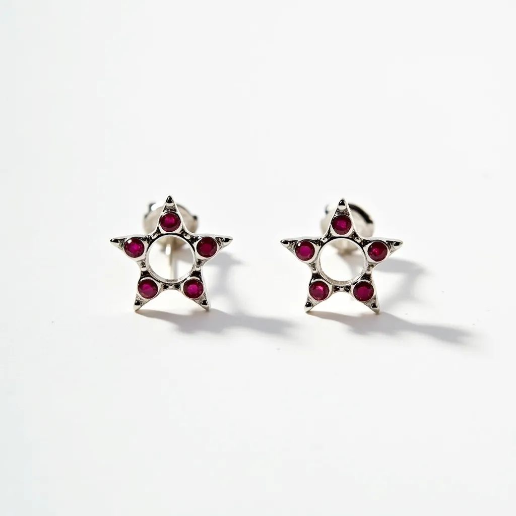 These star stud earrings are crafted from a shiny metal, likely silver or white gold, forming a hollow star shape. Each point of the star is adorned with a small, round red gem, which appears to be rubies, securely set into the metal, adding a vibrant contrast to the metallic sheen. The setting is simple yet elegant, allowing for the brilliance of the gems to be highlighted. The earrings are equipped with a post-back design, making them easy to wear and secure when fastened.