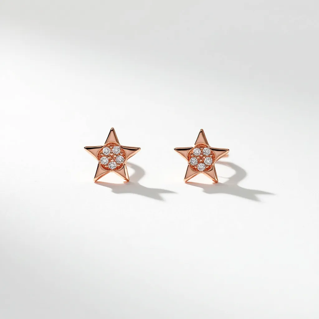 These star stud earrings feature a charming star-shaped design crafted from a polished metal, likely rose gold, which adds a warm and luxurious sheen. Each earring is adorned with a cluster of five round-cut gemstones, possibly diamonds or cubic zirconia, that are set in a pave style in the center of the star. The glittering stones enhance the overall elegance of the piece by providing a striking contrast to the metal setting. The earrings are designed with a simple stud post and friction back, ensuring a secure and comfortable fit for the wearer. The intricate detailing in the stone arrangement highlights the craftsmanship involved in creating these stunning accessories.