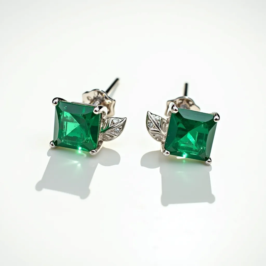 These stud earrings feature prominent square-cut green gemstones set in a four-prong metal setting, likely silver in tone. Each earring is accented with a leaf-shaped embellishment adorned with small, clear stones, adding an elegant touch. The attachment is a typical post and butterfly clutch back, ensuring secure and comfortable wear. The combination of the bold green stones and delicate details creates a striking and refined aesthetic.