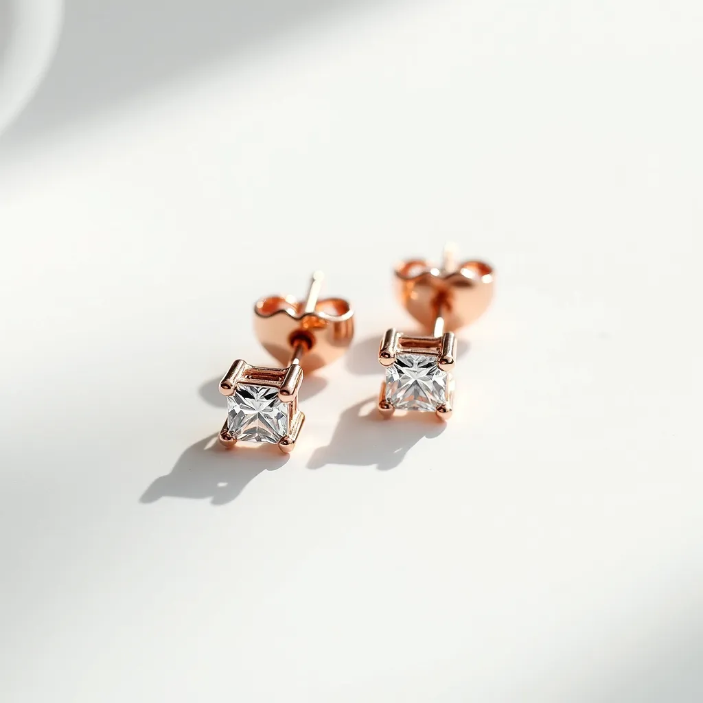 These stud earrings feature a striking combination of materials and craftsmanship. The earrings are composed of a rose gold setting, enhancing their elegant and subtle warmth. Each earring showcases a square-cut gem, likely a clear gemstone such as a diamond or cubic zirconia, held securely in place by a four-prong setting that emphasizes the stone's faceted brilliance. The attachment consists of a classic post and butterfly clasp, ensuring they are both stylish and comfortable to wear.