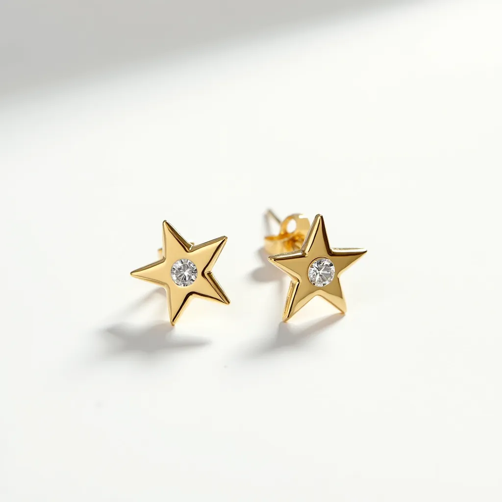 These stud earrings showcase a charming star design crafted from a shiny gold material, which gives them a luxurious appearance. At the center of each star is a single, small round-cut gemstone, which appears to be a diamond or a clear crystal, expertly set to catch the light beautifully. The stones are securely placed in a bezel setting, adding to the elegant design. The earrings feature a traditional post-back clasp, making them easy to wear and secure in the ear. Overall, these earrings combine simplicity and elegance in their starry motif and sparkling central stones.