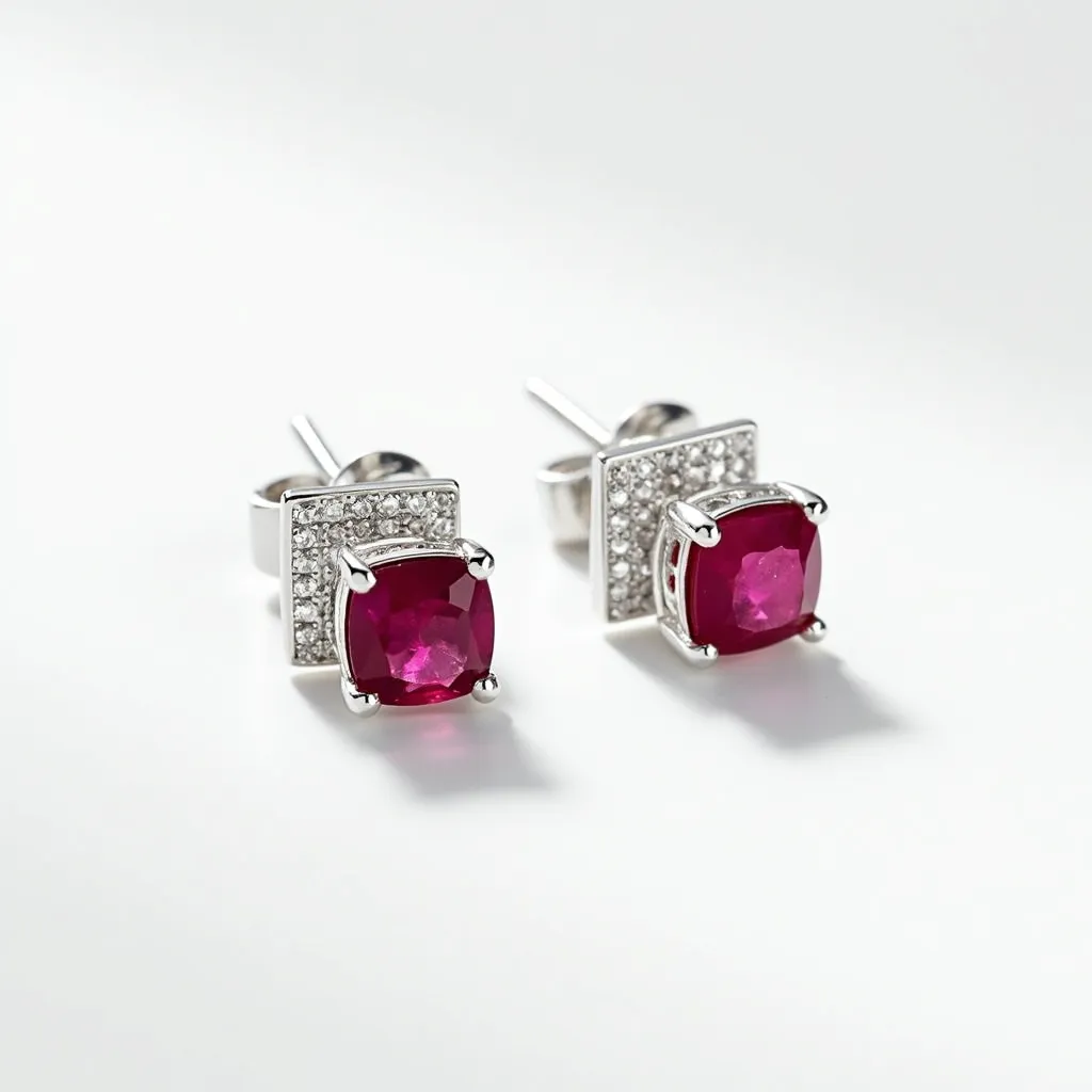 These stud earrings feature a central cushion-cut red gemstone, likely a ruby, securely held in place by four prongs. Each stone is set in a square metal frame, possibly made of white gold or platinum, which is accented with small, round diamonds that enhance its brilliance and elegance. The earrings are equipped with post backings, offering a secure and comfortable attachment for the wearer. The combination of the vivid red stones with the shimmering diamonds and sleek metal creates a sophisticated and timeless piece suitable for various occasions.