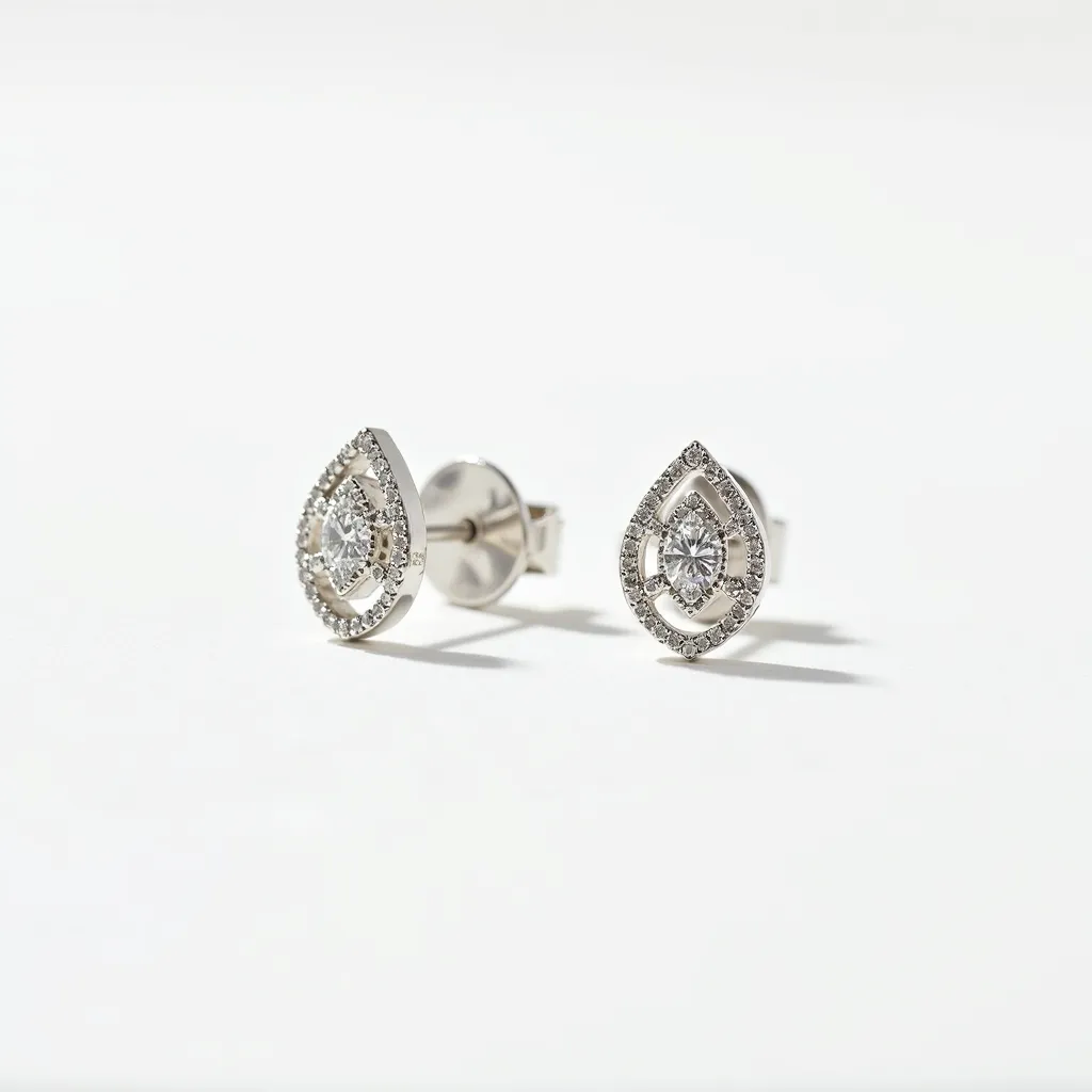 These stud earrings feature a pear-shaped design with a central round-cut gemstone, likely a diamond, set in a prong setting. The focal stone is surrounded by a halo of smaller, round-cut stones that add a delicate sparkle to the overall design. The metal appears to be a polished white metal, such as white gold or platinum, providing a sleek and elegant backdrop to the stones. The earrings are secured with a classic post and butterfly back clasp, typical of stud earrings, ensuring both style and security. The overall aesthetic is sophisticated and timeless, making these earrings versatile for various occasions.