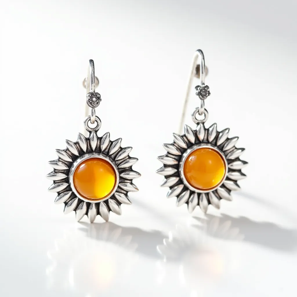 These sunflower earrings feature a striking design characterized by a central amber-colored gemstone, which is cabochon cut, giving it a smooth, rounded surface that enhances its warm glow. The gemstones are securely set in a bezel, surrounded by a stylized petal design, possibly made of silver, that mimics the natural beauty of a sunflower. Above the flower, a small clear gem, possibly a round-cut diamond or cubic zirconia, is set in a similar metal, adding a subtle sparkle. The earrings attach via a simple hook clasp, making them easy to wear while maintaining a classic elegance.