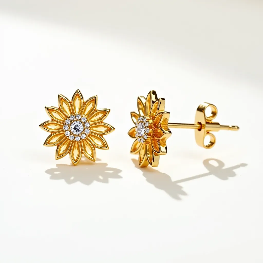 These sunflower earrings are crafted from a shiny, golden metal that beautifully captures the essence of a blooming sunflower. The earrings feature a central gemstone, possibly a round-cut clear gem, surrounded by a halo of smaller, sparkling stones that enhance the centerpiece. Each petal of the sunflower is elegantly shaped, adding dimension and depth to the design. The earrings are equipped with a secure push-back clasp, ensuring ease and comfort in wearing. These intricately designed earrings combine a nature-inspired motif with luxurious materials to create a striking and elegant accessory.