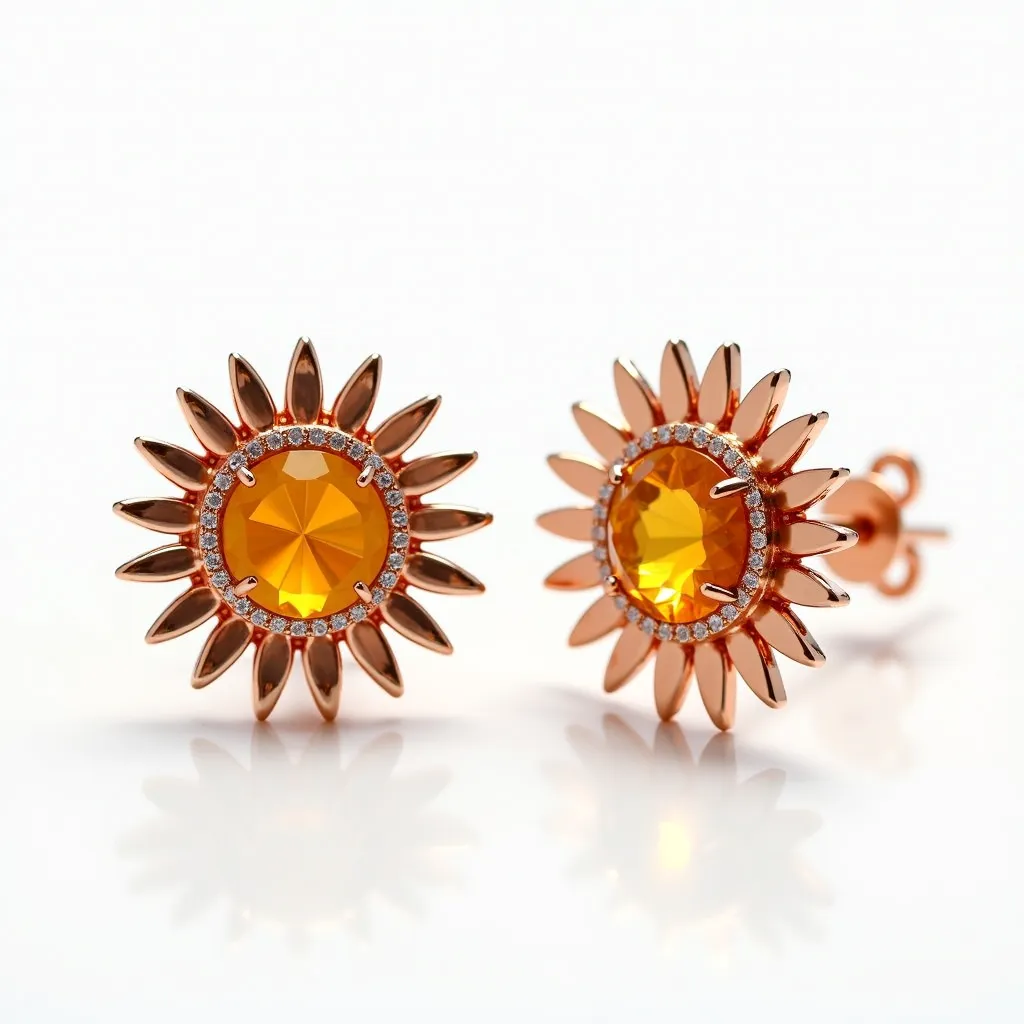 These sunflower earrings feature a central amber-colored gemstone, cut in a round faceted style, creating a radiant focal point. The gem is encircled by small clear stones, likely set in a pavé setting, adding a touch of sparkle to the piece. The petals of the sunflower design seem to be crafted from a metal with a polished rose gold finish, enhancing the warm tones of the earrings. These earrings are designed as studs, secured with a post and butterfly clasp at the back, ensuring a stable and comfortable fit.