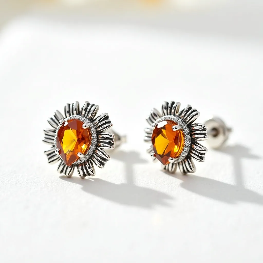 These sunflower earrings feature a striking design with a central, vibrant orange gemstone, cut in an oval shape, set in a four-prong setting. The prongs appear to be made of a silvery metal, which also forms the petals surrounding the stone, giving the earrings their distinctive sunflower appearance. The petals are detailed, adding texture and depth to the design. The earrings are equipped with a post-back attachment, making them suitable for pierced ears. The overall craftsmanship combines colorful gemstones with metallic elements to create an elegant floral motif.