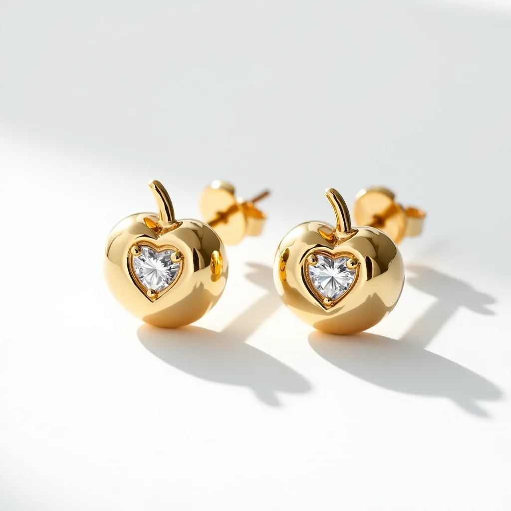 These teacher earrings are charmingly designed in the shape of apples. Made of a shiny gold material, each earring features a heart-shaped clear gem set at the center. The gem is likely a brilliant-cut stone, securely fastened with a bezel setting that adds to the overall elegance of the design. These earrings use a classic stud attachment with a butterfly clasp, ensuring they stay comfortably in place when worn.