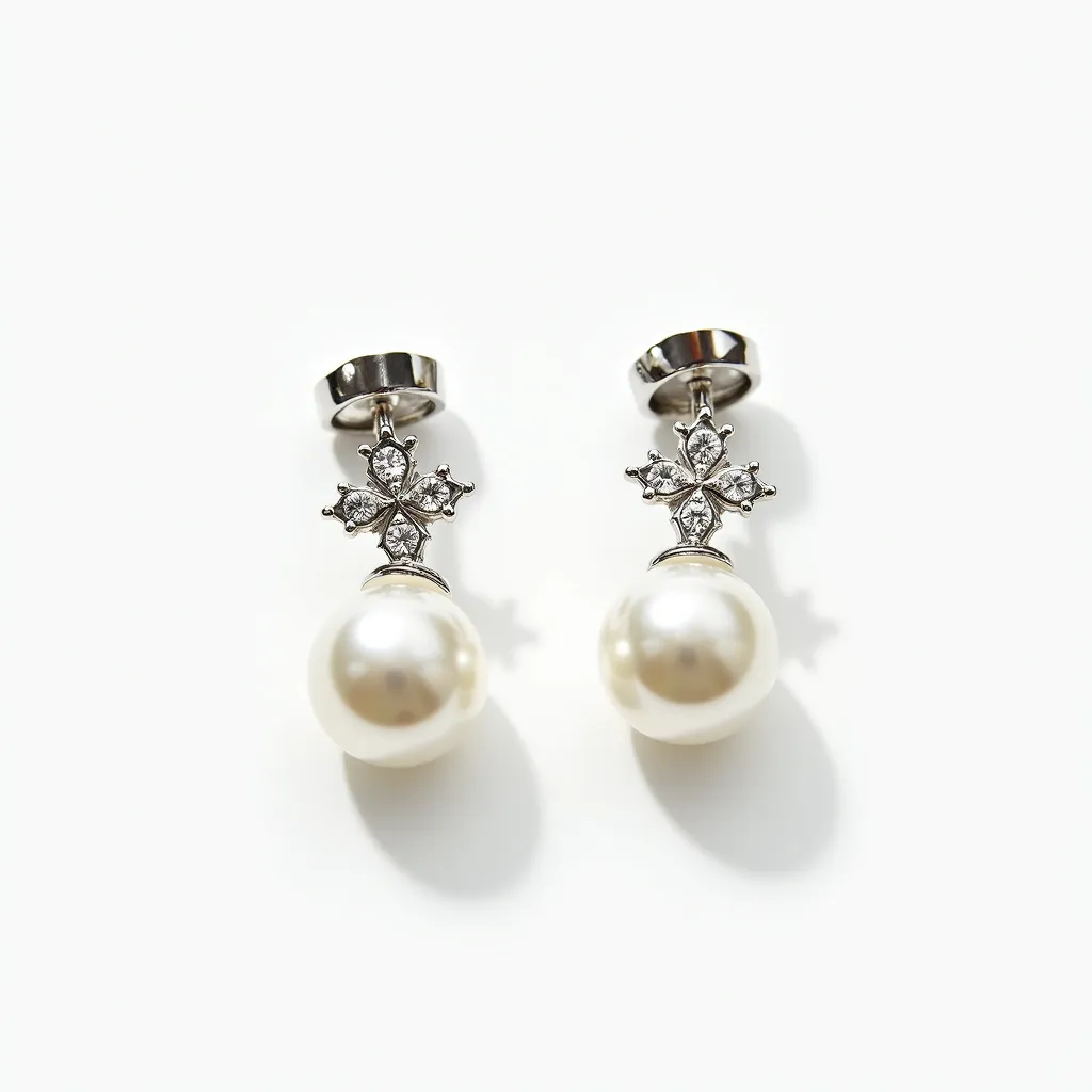 These teacher earrings feature a sophisticated design combining lustrous, round pearls as the main focal points. Above the pearls are star-shaped arrangements that incorporate small, sparkling gems, likely diamonds, showcasing a brilliant cut and set in a prong setting for maximum light reflection. The materials used in the construction appear to be silver or white gold, enhancing the elegant appearance. The earrings attach with a sleek stud clasp, ensuring a secure and comfortable fit.