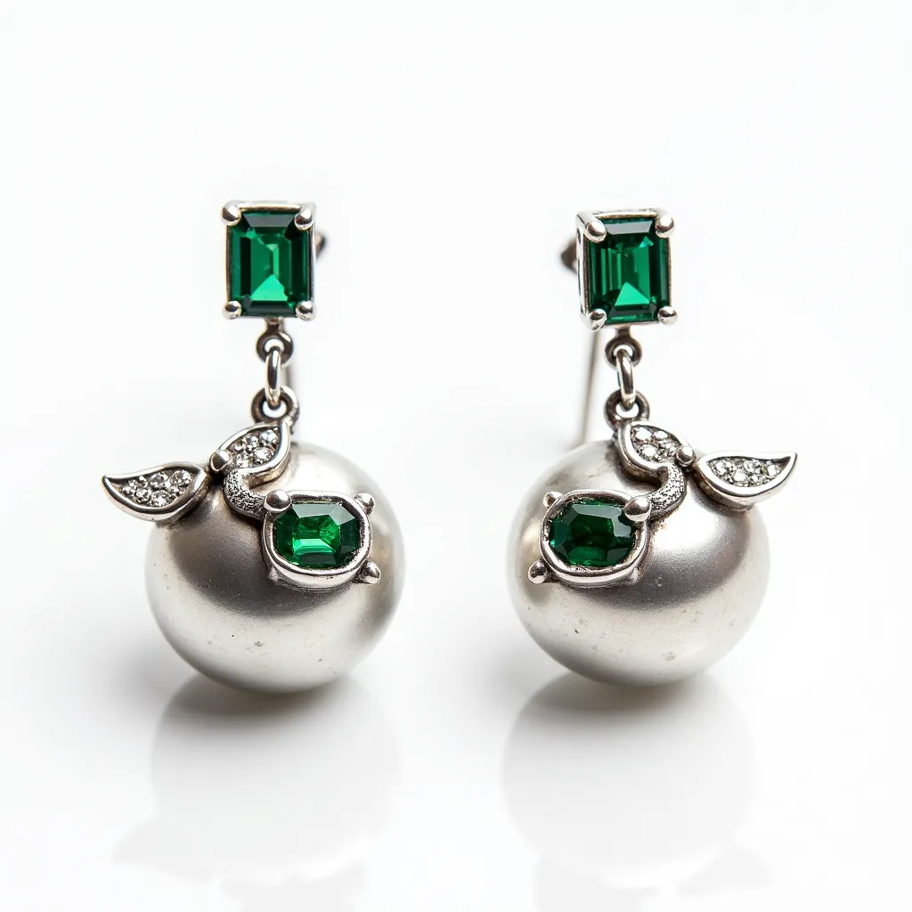 These teacher earrings feature a spherical base with an apple-like design, crafted in a smooth silver-toned metal. The focal point is a small, elegantly cut green gemstone, possibly an emerald, set below a leaf motif adorned with several small crystals or diamonds. The rectangular green stone at the top is in a prong setting, displaying a vivid color. The earrings are attached with a simple post and butterfly clasp, providing secure and comfortable wear. The design combines a playful theme with a touch of sophistication, suitable for both professional and casual occasions.