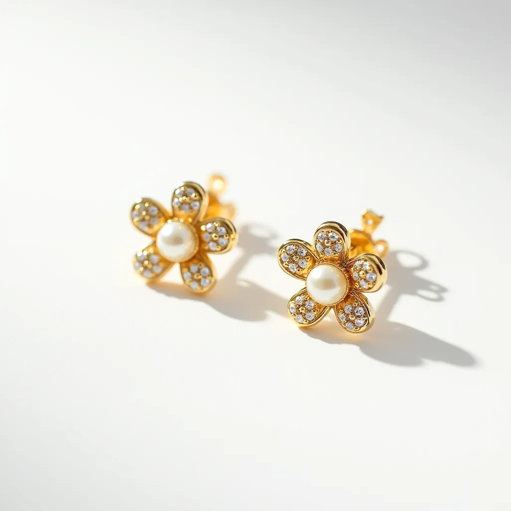 These teacher earrings are crafted in the shape of delicate flowers, featuring a central pearl as the focal point of each piece. The petals are adorned with small, round-cut gems which are likely set in a bezel or pave setting, providing a sparkling contrast against the gold-tone metal that forms the structure of the earrings. The earrings are designed with a post-back, indicating they are likely stud earrings, which are convenient for everyday wear and secure attachment. The combination of pearls and sparkling stones gives these earrings an elegant yet playful appearance, suitable for both professional and casual settings.