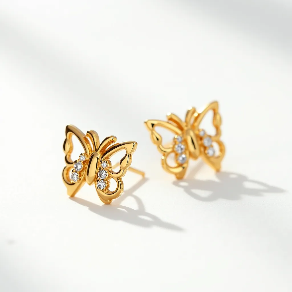 These teacher earrings feature a charming butterfly motif crafted from a gold-toned metal, giving them an elegant and sophisticated look. The wings of each butterfly are adorned with small, round-cut gems set in a bezel style, likely cubic zirconia or a similar sparkling material, to add a touch of brilliance. These earrings are designed as studs, equipped with a standard post and push-back clasp for secure attachment, ensuring comfort and ease of wear for the teacher throughout the day. The attention to detail and the thoughtful combination of materials make these earrings both a stylish and meaningful accessory.