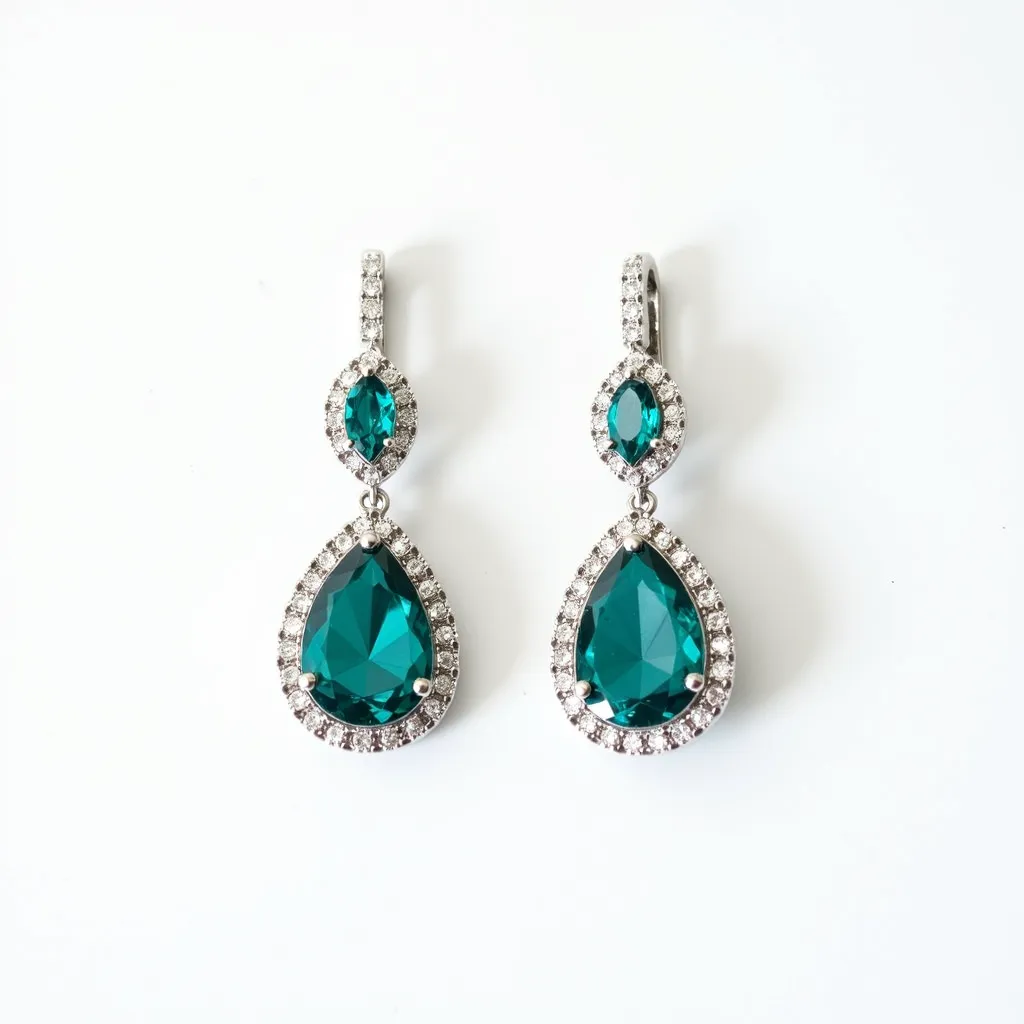 These teal earrings feature an elegant teardrop design, incorporating prominent pear-shaped teal gemstones. These central gems are complemented by surrounding clear stones, likely diamonds or cubic zirconia, arranged in a halo setting that enhances their brilliance. Above the main stones, smaller marquise-cut teal gems are similarly framed, adding a cohesive decorative element. The earrings are attached with a secure clasp featuring additional clear stones that contribute to the overall sparkle and sophistication of the piece, making these earrings a striking accessory.