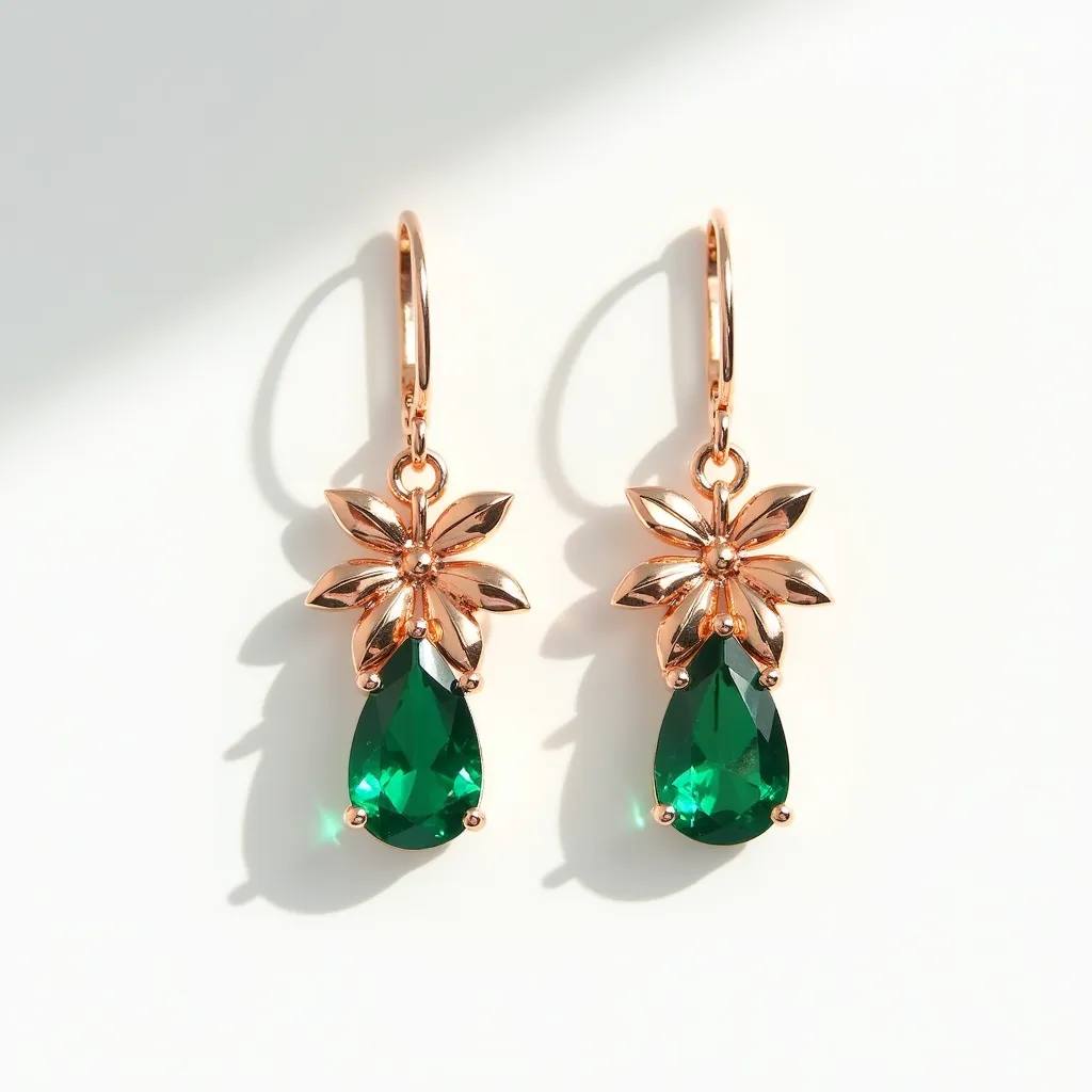 These thanksgiving earrings feature a delicate design with a floral motif crafted from a rose gold metal, showcasing intricate petal shapes. Each earring is adorned with a single large green teardrop-shaped gemstone, expertly cut to catch and reflect light, adding elegance to the piece. The gemstones are set in a prong setting, ensuring stability and highlighting the vibrant color. The earrings utilize a lever-back clasp mechanism, providing both security and ease of use for wearers. The combination of the warm rose gold tones and the rich green gemstones makes these earrings a perfect accessory for festive occasions.