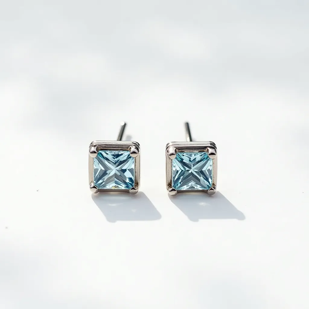 These titanium earrings feature a sleek and modern design, with square-cut light blue gems securely held in a classic prong setting. The stones have a clear and vibrant appearance that catches the light beautifully. The earrings are fastened with a simple post and butterfly clutch back, providing ease of wear and ensuring a secure fit. The combination of titanium and the captivating blue stones gives these earrings a stylish and contemporary edge, making them an elegant addition to any jewelry collection.