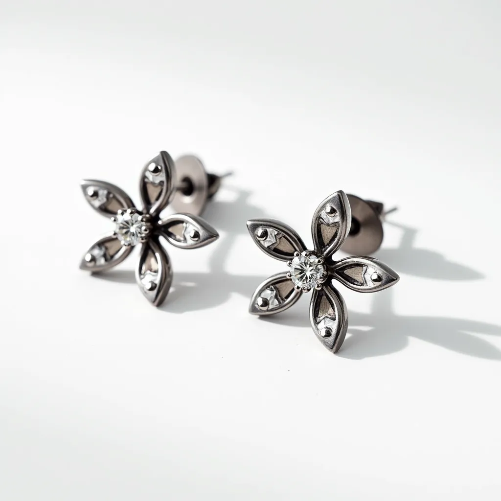 These titanium earrings exhibit a floral design with five petals. At the center of each earring is a small, round-cut gem, possibly a diamond, securely held in place by a prong setting. Each petal is accentuated by a smaller gem, adding a glimmering touch to the metallic sheen of the titanium. The earrings utilize a post and nut clasp for attachment, ensuring they are both stylish and secure when worn.