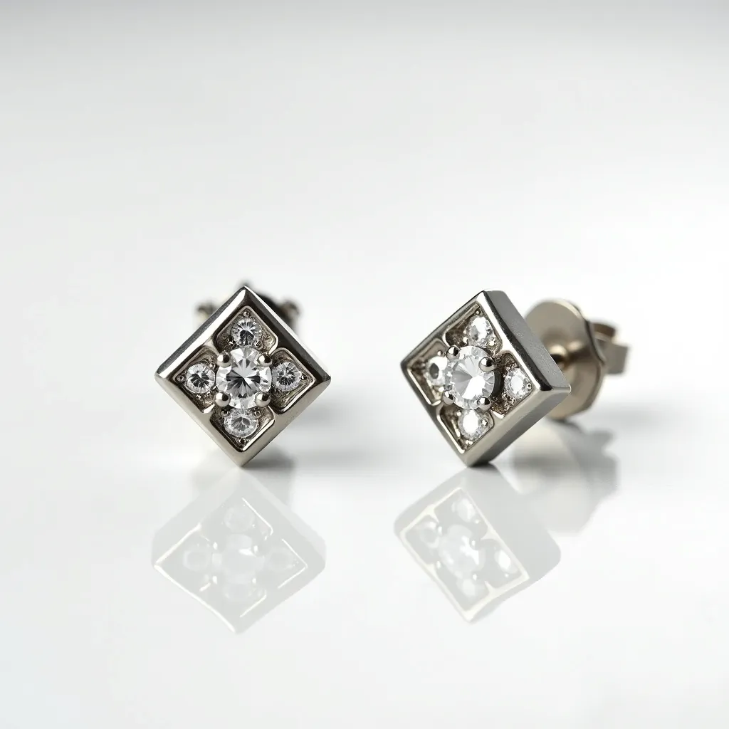 These titanium earrings feature a sleek square design adorned with sparkling gemstones. At the center of each earring is a round-cut gem, surrounded by smaller round gems, adding a touch of elegance and radiance. The gems are set into the titanium, creating a secure and stylish look. The earrings have a post-back design, ensuring a comfortable and secure fit for the wearer.