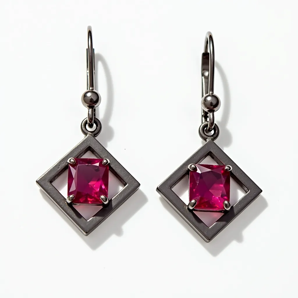 These titanium earrings feature a striking geometric design, centering around a square cut pink gemstone, possibly a synthetic ruby or similar colored stone. The stones are set within a titanium diamond-shaped frame using a prong setting that securely holds each stone in place. The earrings are suspended from a classic hook clasp, with a small spherical titanium bead where the hook connects to the main body, allowing for an elegant dangle effect.