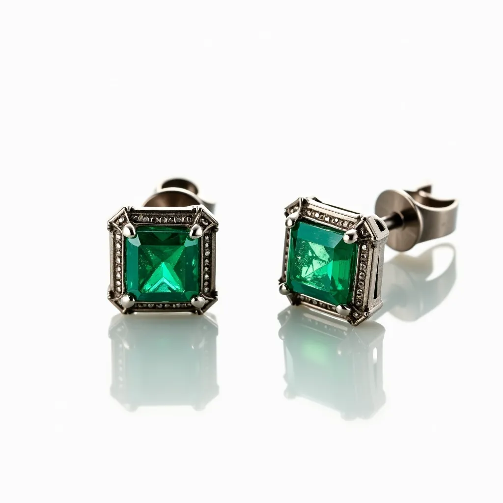 These titanium earrings feature a striking square-cut green gem at their center, elegantly set in a prong setting. The shimmering gem is securely fastened by four prongs at each corner, enhancing its beauty while providing stability. The titanium frame offers a durable and modern aesthetic, complementing the vibrant green tone of the gemstone. Each earring is equipped with a post and push-back clasp, ensuring a secure and comfortable fit for the wearer.