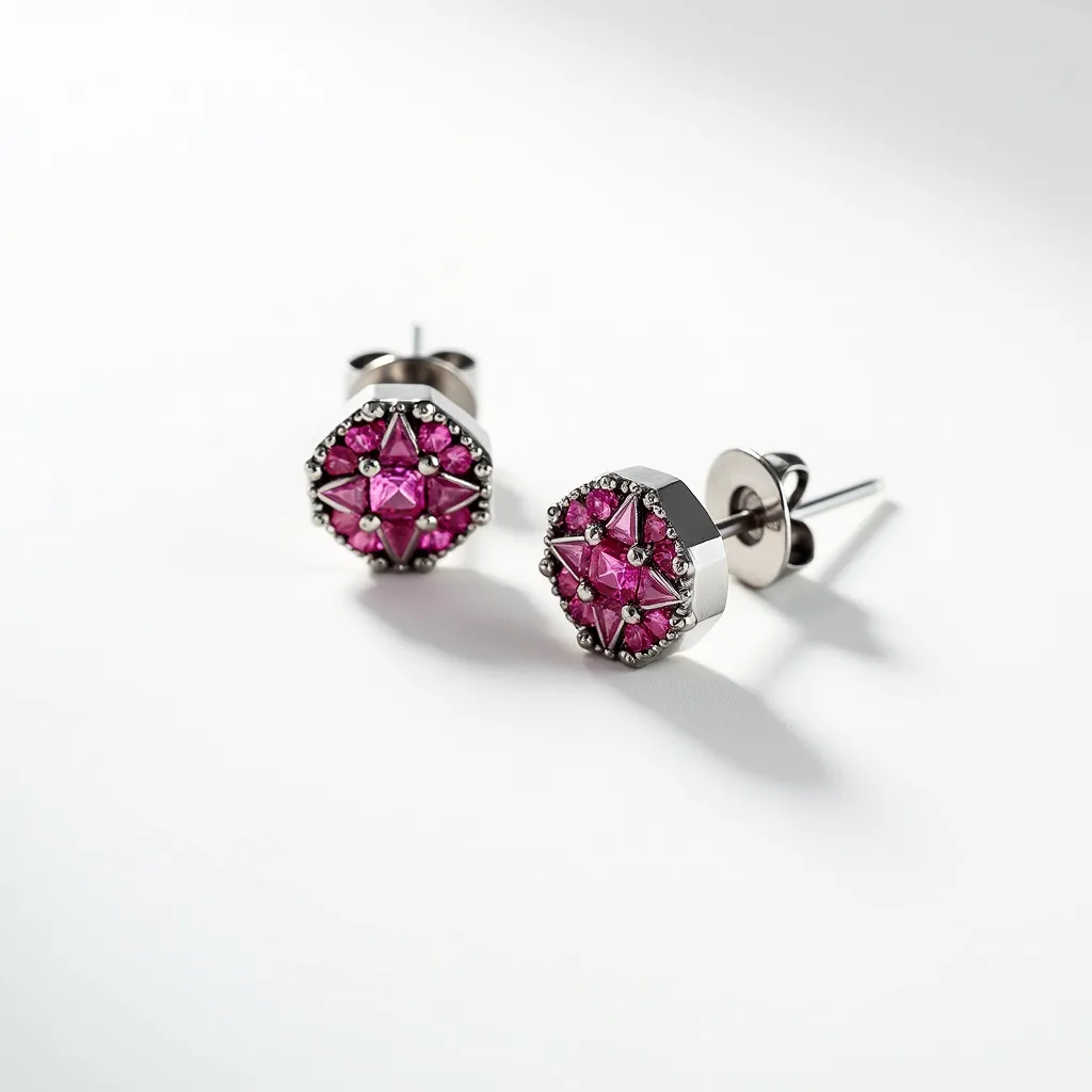 These titanium earrings feature a striking geometric design with vibrant pink gemstones arranged in a star-like pattern. The stones appear to be round-cut, enhancing their brilliance and depth while catching light beautifully. Each stone is secured in a prong setting, ensuring both security and prominence of the gems. The earrings are likely secured with a classic push-back clasp, offering both comfort and ease of wear. The combination of durable titanium with the vivid hue of the stones results in a modern and eye-catching accessory.