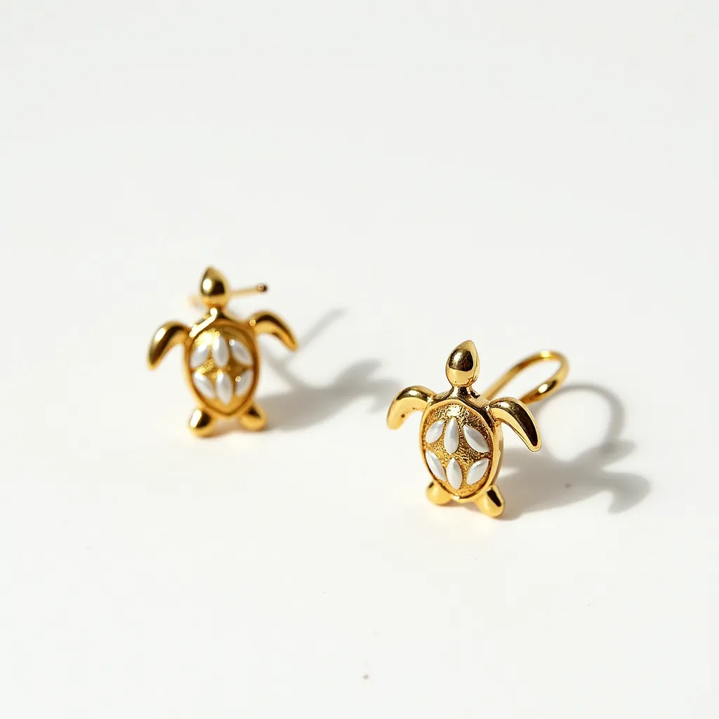 These turtle earrings are crafted from a golden metal, forming the shape of a turtle with an elegant, minimalistic design. The turtle's shell is highlighted by a subtle inlay of white enamel, enhancing the visual contrast against the gold, giving the appearance of delicate patterning. The body and flippers are smoothly contoured, adding a sense of fluidity and natural elegance. Each earring features a simple hoop clasp, providing a secure yet stylish attachment method, ensuring they remain comfortably in place when worn.