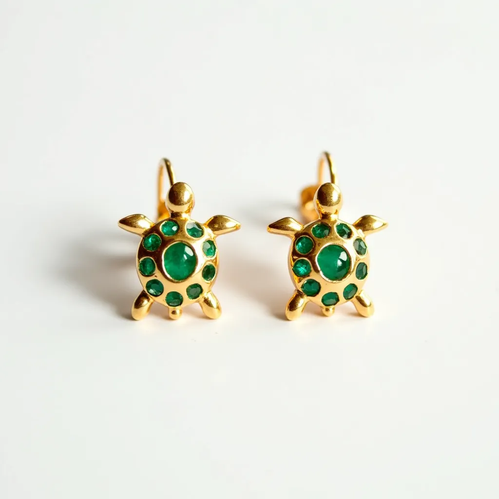 These turtle earrings feature a charming design crafted from a golden metal that forms the shape of a turtle. The shell of each turtle is adorned with green stones, likely to be small emeralds, set in a bezel setting to enhance their visibility and secure their placement. The central stone is larger and surrounded by smaller, evenly distributed stones, creating a radiant pattern that draws attention. The earrings have a hook attachment, which provides a secure yet simple mechanism for wearing and removing the jewelry. This delicate combination of materials and craftsmanship gives the earrings an elegant and playful aesthetic.