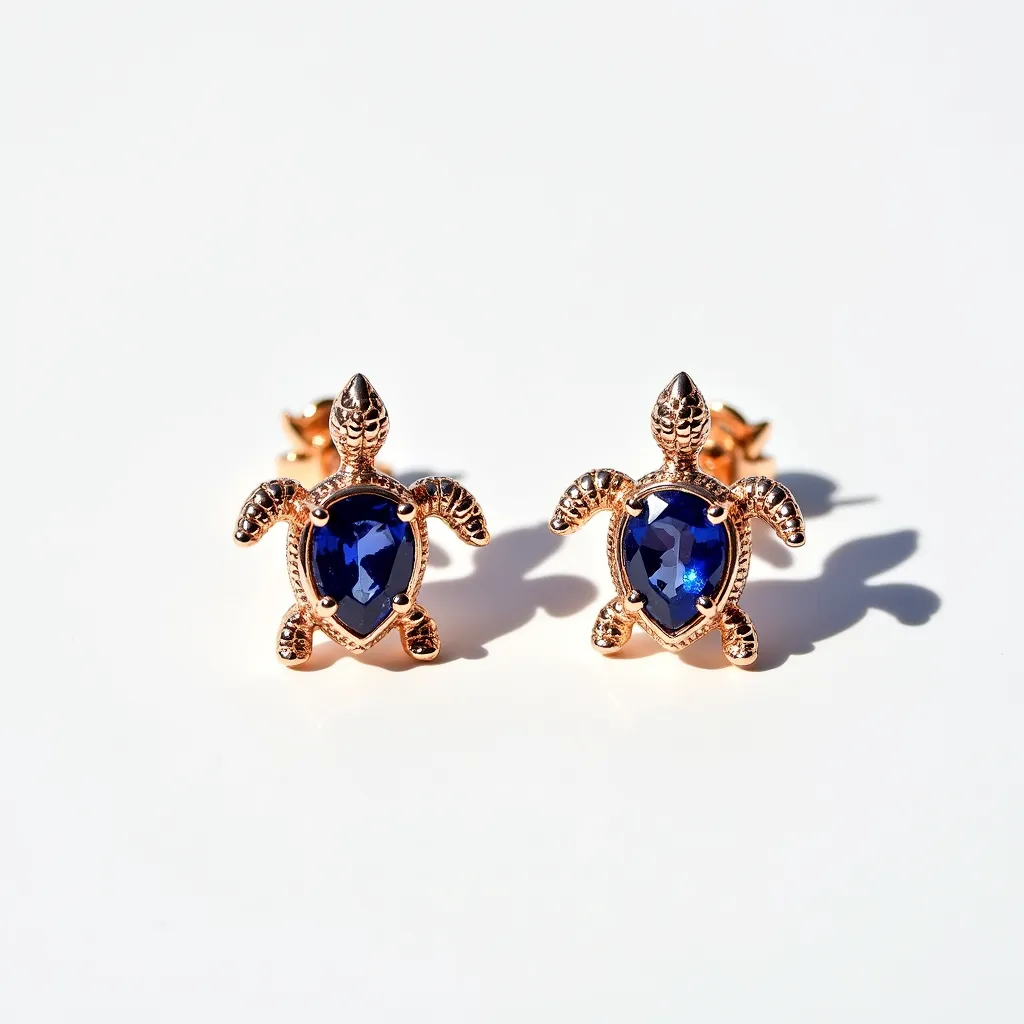 These turtle earrings feature a charming design made primarily from metallic materials with a golden hue, sculpted into the form of turtles. At the center of each earring, there is a prominent, deep blue stone, likely a sapphire or similar gem, cut into a pear shape and set securely within the turtle's shell. The stones are held in place with a bezel setting, nicely highlighting their rich color and sparkle. The earrings are equipped with a traditional post and butterfly clutch back, ensuring a secure attachment when worn.