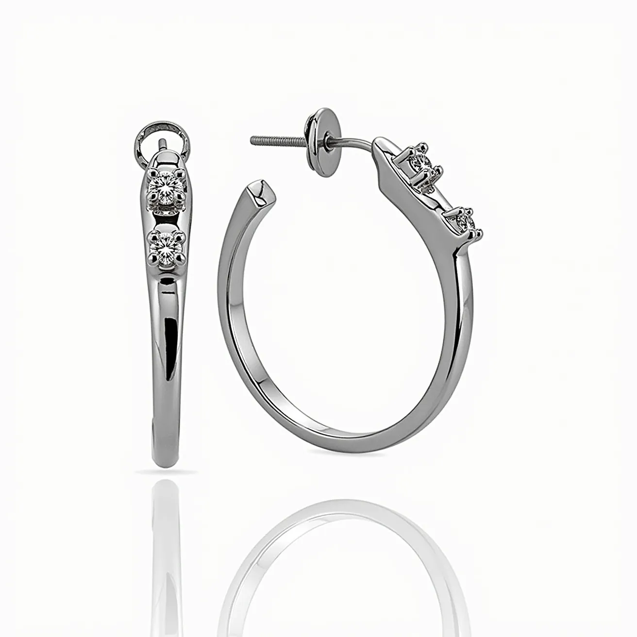 These white earrings feature a sleek hoop design crafted from a polished metal, possibly white gold or silver, giving it a luminous sheen. The earrings showcase two small, round-cut gemstones—likely diamonds—set in a classic prong setting along the front of the hoop, enhancing their sparkle and elegance. The attachment mechanism is a screw-back post, providing a secure and comfortable fit for the wearer. The overall design combines a modern aesthetic with a timeless elegance, making it a versatile accessory for various occasions.