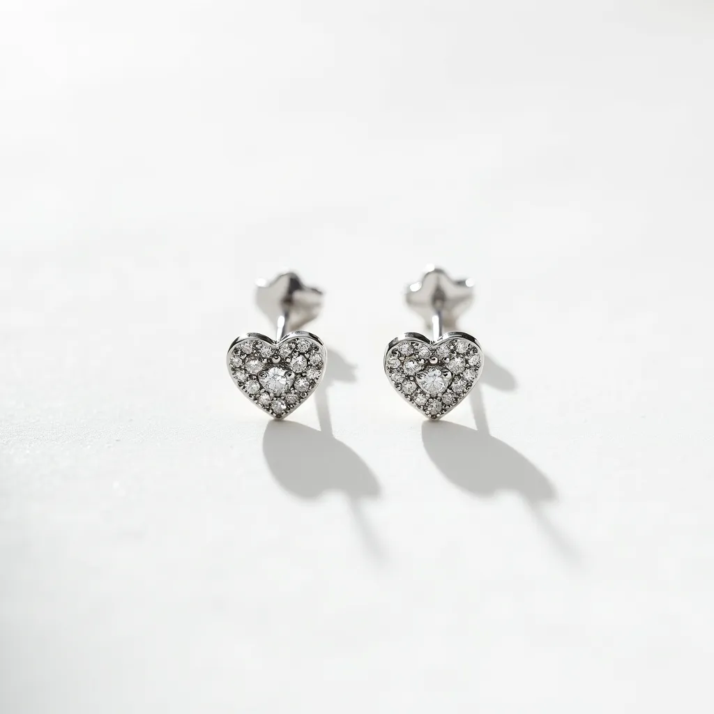 These white gold earrings feature a charming heart shape adorned with small, round brilliant-cut diamonds. The gems are set in a pavé style, creating a dazzling surface that maximizes sparkle. The earrings are designed with a simple yet secure post and butterfly back clasp, ensuring they remain comfortably in place when worn. The combination of white gold and diamonds gives these earrings a timeless elegance, suitable for various occasions.