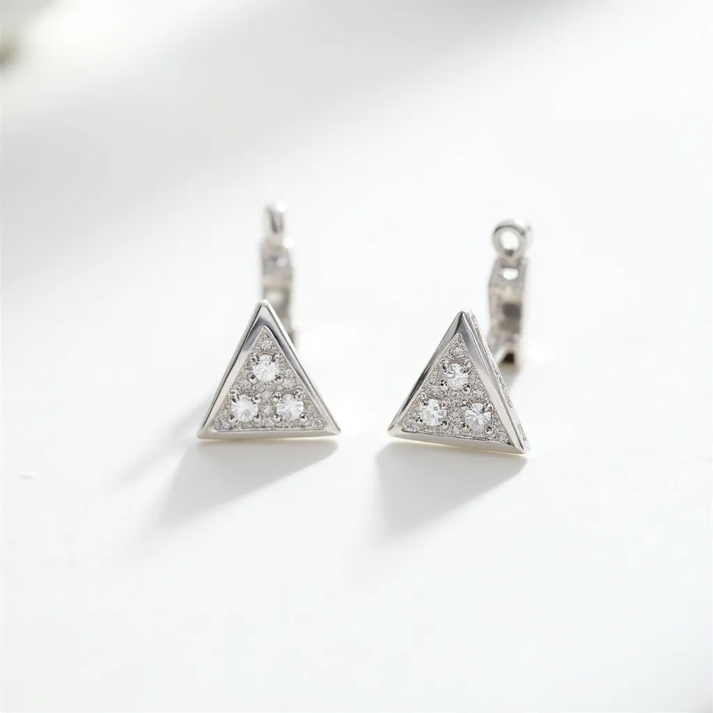 These white sapphire earrings feature a modern and elegant design with triangular shapes that house several small, brilliant-cut white sapphires. The gems are meticulously set in a polished metal, likely white gold or platinum, which enhances their sparkling appearance. The setting showcases a flush design, securely holding each sapphire in place while maintaining a sleek and seamless surface. These earrings are equipped with a hinged lever back clasp, providing a secure and comfortable fit for everyday wear.