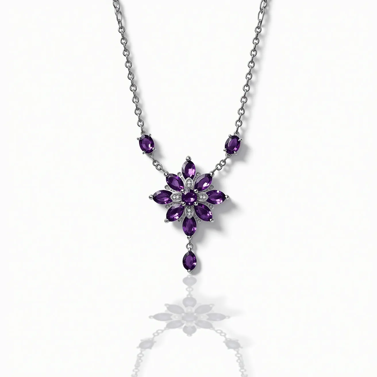 This necklace features a striking design centered around a notable floral motif composed of rich purple gemstones, possibly alexandrite, with a marquise cut prominently displayed. The stones are elegantly arranged in a symmetrical pattern, each securely held in place by prong settings that enhance their brilliance. The necklace is crafted from a polished metal, likely platinum or white gold, which contributes to its sophisticated appearance. The centerpiece of the necklace is accentuated by additional oval stones placed strategically along the chain, contributing to a harmonious and unified design. The necklace is finished with a classic lobster clasp, ensuring both security and ease of wear.