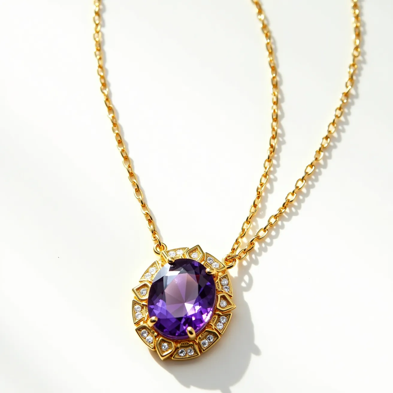 This alexandrite necklace features a prominent oval-cut gemstone that has a deep purple hue, likely an alexandrite known for its color-changing properties. The stone is elegantly set in a gold framework with a prong setting that secures the gem in place. Surrounding the central stone are sparkling smaller round-cut diamonds, enhancing the overall brilliance of the piece. These diamonds are bezel-set, adding a touch of elegance to the design. The necklace chain is composed of gold links, providing a classic and refined look. It is equipped with a sturdy clasp ensuring secure wear.