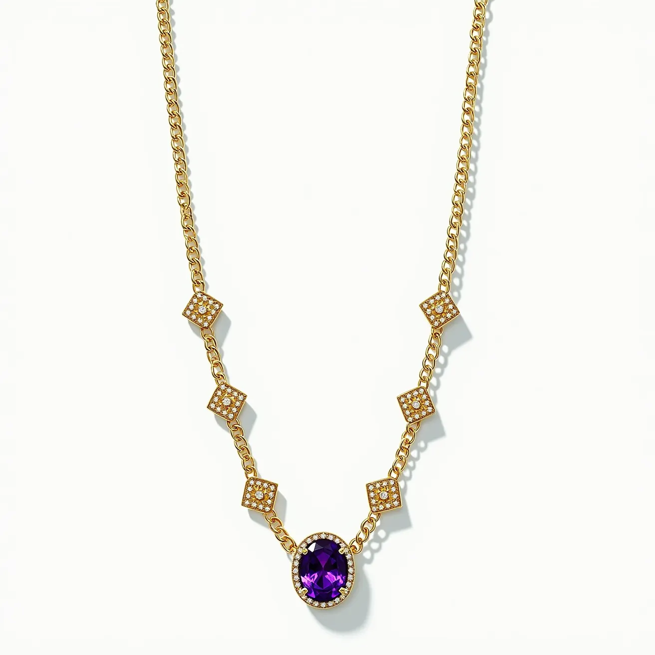 This amethyst necklace features a striking central oval-cut amethyst gemstone set in a gold setting, surrounded by smaller sparkling white stones. The chain is crafted from gold, which links to diamond-shaped connectors that are also adorned with clusters of small white stones, enhancing the overall elegance of the piece. These embellishments provide additional brilliance and complement the deep purple hue of the amethyst. The chain appears to be a classic link design, ensuring durability and style.