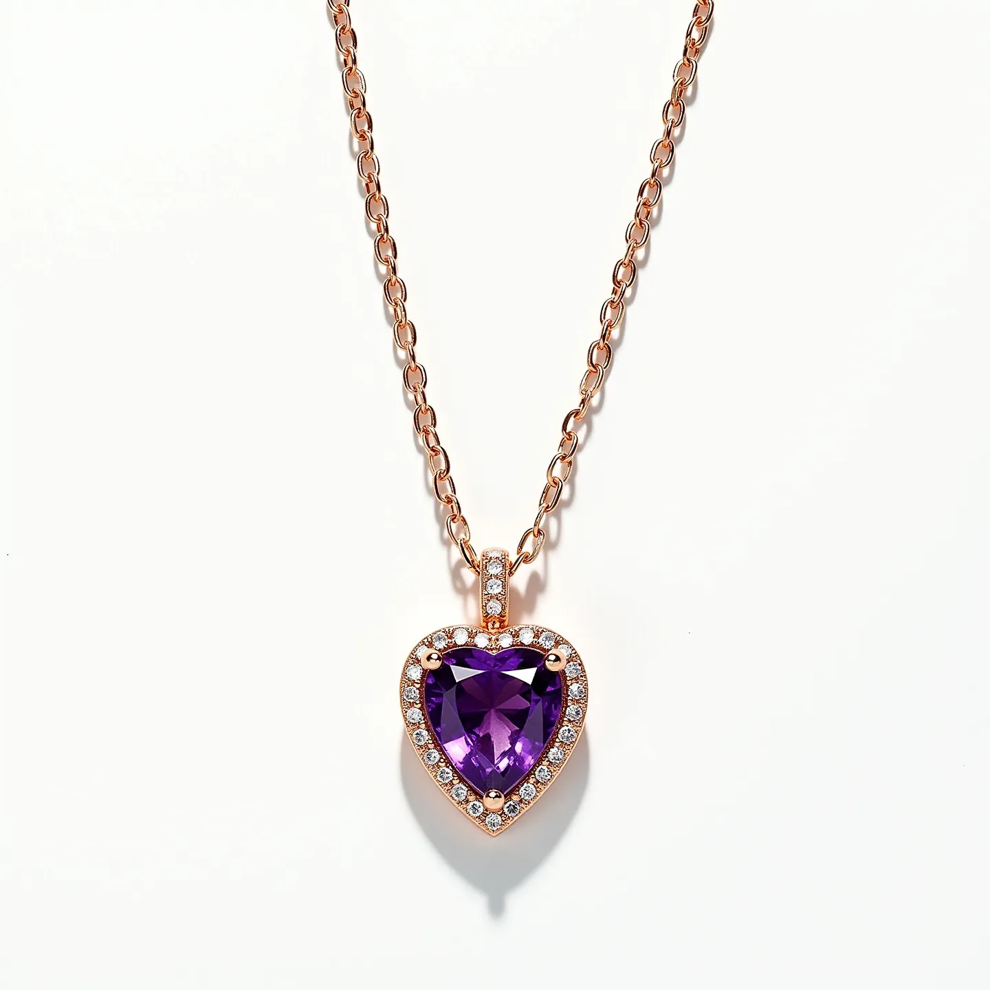 This amethyst necklace features a heart-shaped amethyst gemstone as the centerpiece, expertly cut to enhance its deep purple hue. The amethyst is surrounded by a halo of small, sparkling diamonds, accentuating the brilliance and color of the central stone. The pendant is set in a sleek rose gold setting, which adds a warm and luxurious tone to the piece. The necklace chain is crafted from polished links, also in rose gold, providing a harmonious and elegant appearance. The clasp is a lobster claw style, known for its secure fastening and ease of use. Overall, this necklace is a striking combination of amethyst and diamonds set in rose gold, offering a classic yet modern aesthetic.