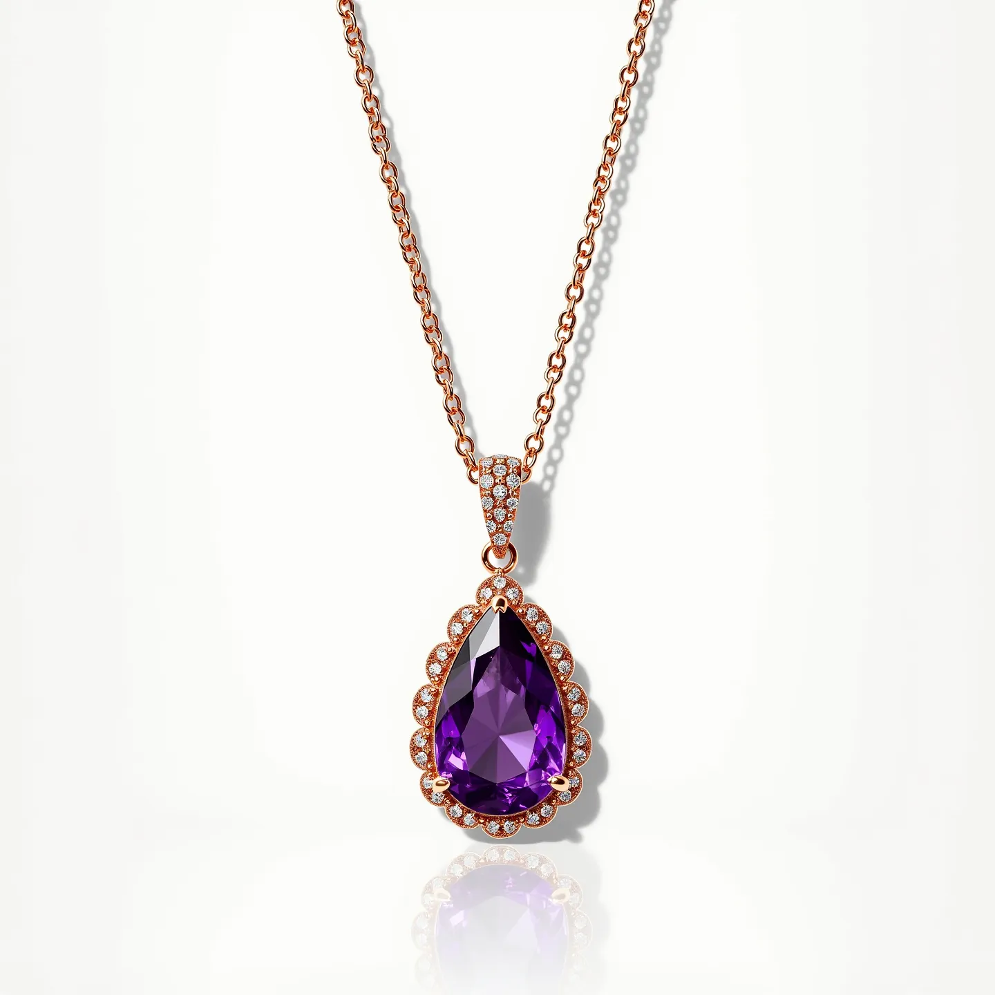 This amethyst necklace features a prominent teardrop-shaped amethyst gemstone, surrounded by a halo of small, round white stones, likely diamonds, arranged in an intricate setting. The amethyst is faceted, highlighting its deep purple hue and enhancing its sparkle. The pendant is attached to a fine rose gold chain, which complements the vibrant colors of the gems. The necklace includes a sleek, integrated bail that is also adorned with similar white stones, seamlessly connecting the pendant to the chain. Overall, the combination of rich purple and the shimmer of the white stones creates an elegant and luxurious piece.