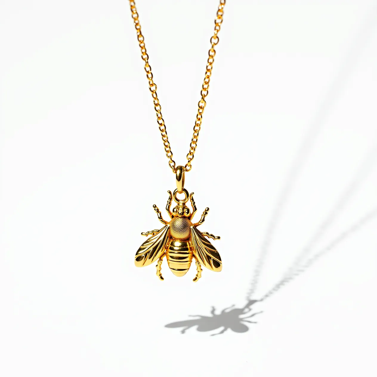 This bee necklace features a gold-toned metal bee pendant with detailed wings and a textured body, showcasing skilled craftsmanship. The pendant is attached to a delicate gold-toned chain, which complements the pendant harmoniously. The necklace includes a classic, understated clasp that maintains the overall elegant and refined aesthetic of the piece. The attention to detail in the pendant and the simplicity of the chain together create a sophisticated accessory suitable for various occasions.