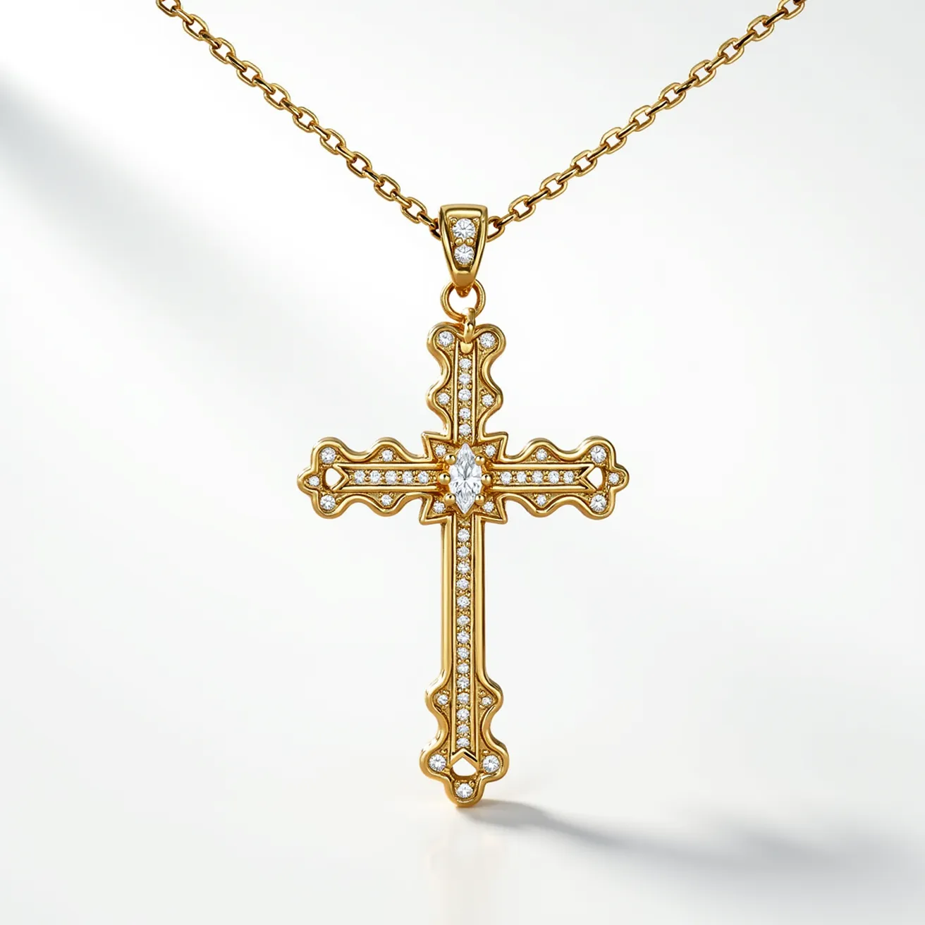 This big cross necklace features a striking design crafted from gold, with ornate edges and a symmetrical pattern. It is adorned with multiple brilliant-cut diamonds, set along the crossbar and extending vertically. At the center of the cross, a marquise-cut diamond takes prominence, encircled by smaller diamonds that enhance its brilliance. The necklace is attached to a sturdy gold chain with a secure bail, embellished with additional small diamonds, ensuring the pendant is both decorative and firmly fixed. The craftsmanship showcases a blend of elegance and intricate detail, making it a luxurious statement piece.