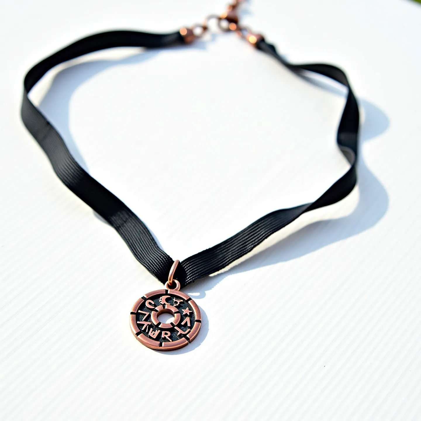 This black choker features a ribbon-like band, lending a sleek and elegant appearance. It is adorned with a circular pendant, crafted from a metal with a warm, coppery finish, which is intricately engraved with letters and star motifs. The pendant is centrally positioned, enhancing the overall aesthetic of the choker with its symbolism. This choker is secured with a lobster clasp, allowing for adjustable tightness and ease of wear. The combination of materials and design elements makes it both trendy and versatile, suitable for a variety of styles and occasions.