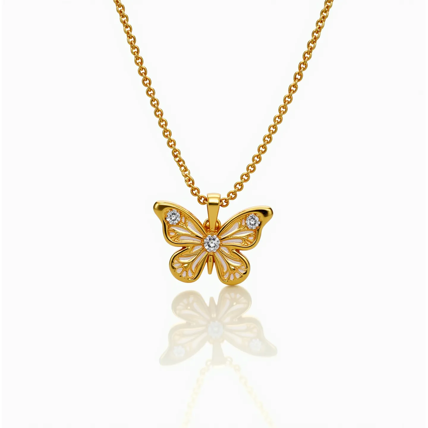 This butterfly necklace features a gold-toned metal chain and a delicate butterfly pendant. The pendant is adorned with sparkling round-cut stones, one larger stone set at the center and smaller ones accentuating the wings. The stones are securely set, adding a touch of elegance and brilliance to the overall design. The chain is linked, providing a classic yet sturdy attachment, and it is likely equipped with a standard lobster claw clasp for easy wear and removal. The intricate design of the butterfly, combined with the shimmering stones and the gleaming finish, makes it a charming and exquisite piece of jewelry.