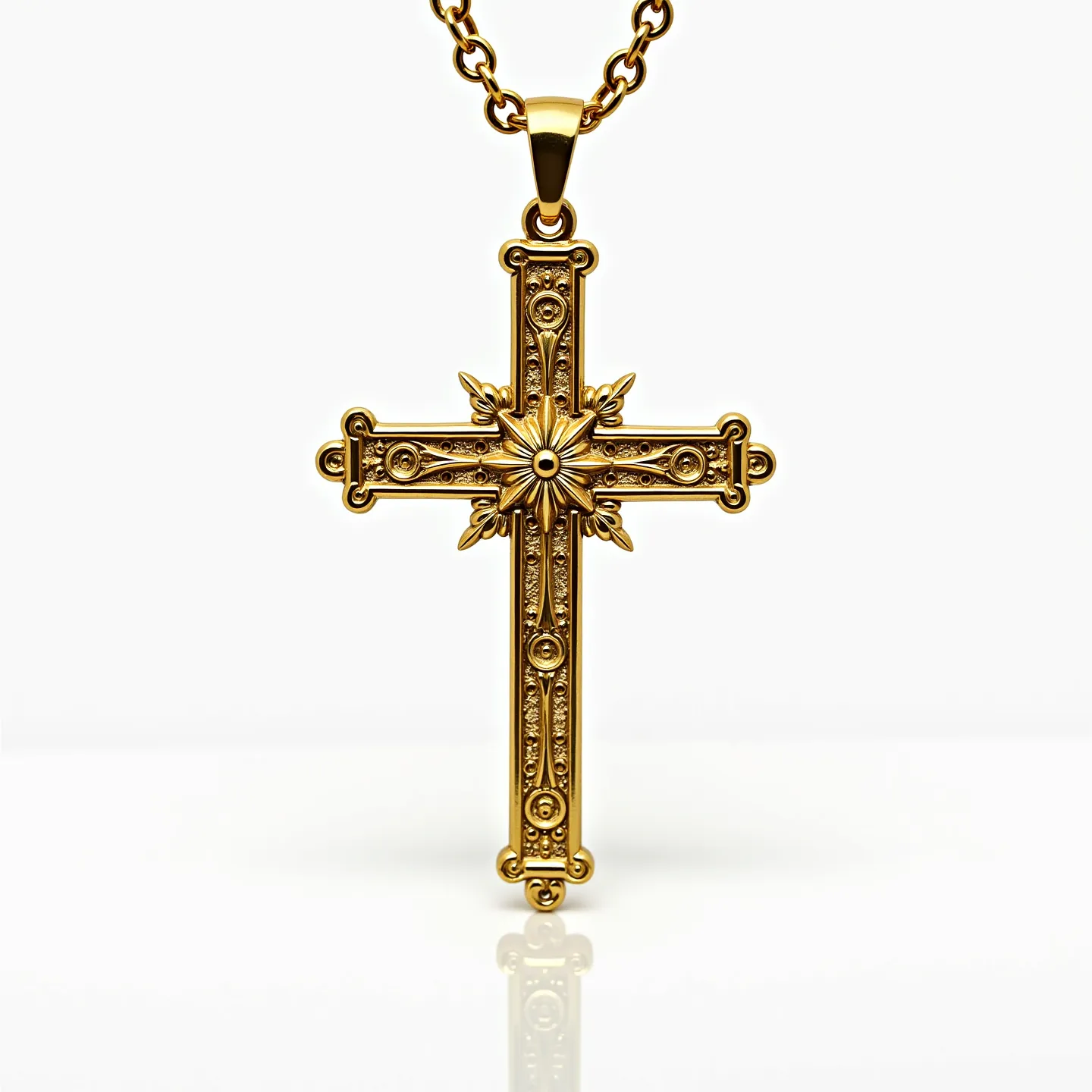 This Catholic cross necklace features an intricately designed cross crafted from a polished gold material, showcasing ornate detailing with a floral motif at its center. The cross is embellished with small, round gemstones that are set into the gold in a bezel setting, enhancing the overall elegance of the piece. The chain is composed of interconnected gold links and is attached to the cross via a smooth, sturdy bail that allows the cross to hang securely. The necklace exudes a sense of luxury and sophistication, suitable for both religious and fashion purposes.