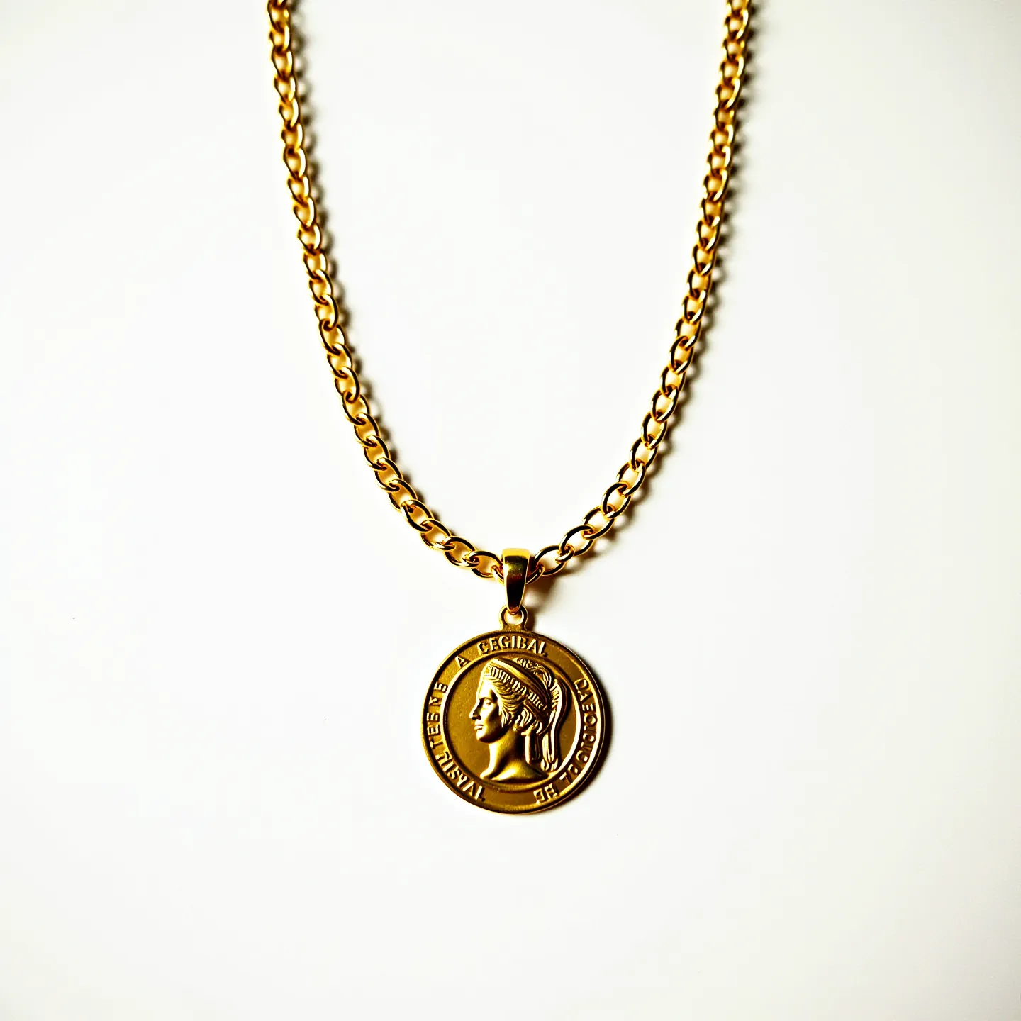 This catholic necklace features a beautifully crafted medallion suspended from a classic gold-toned chain. The medallion showcases an engraved religious motif on its round surface, exuding a sense of timeless elegance. The chain is composed of interlocking links that offer both strength and flexibility, ensuring comfort when worn. The necklace is completed with a secure clasp, providing ease of fastening and reliability in wear. The overall design is both traditional and sophisticated, making it a suitable accessory for religious observance or meaningful personal wear.