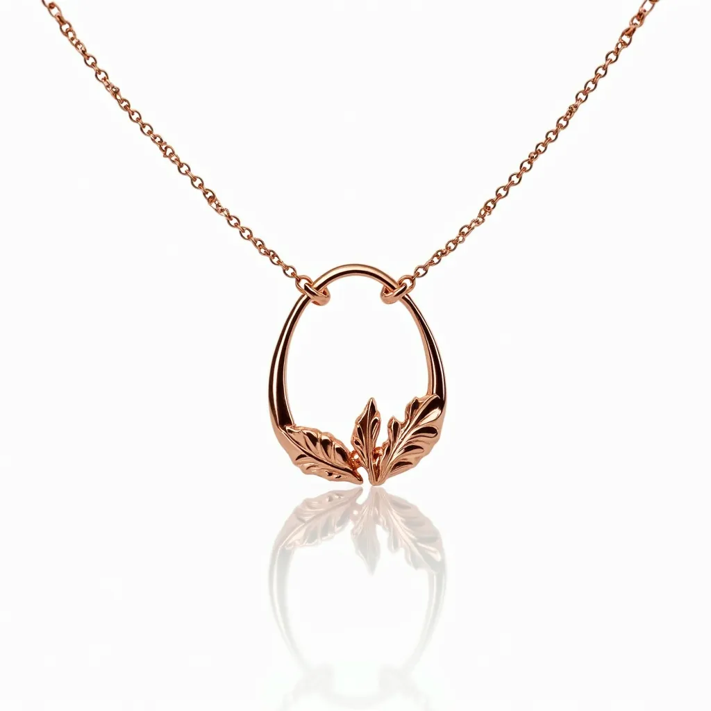 This charm necklace features a delicate rose gold chain that holds a circular pendant designed with intricate leaf motifs. The entire piece appears to be crafted from rose gold metal, with the pendant showcasing two detailed leaves facing each other at the bottom of the circular frame. The chain links are fine and uniform, suggesting a modern and elegant design suitable for various occasions. There are no visible gems, and the necklace likely has a simple clasp for easy attachment. The harmonious design of the leaves within the circular pendant adds a touch of nature-inspired elegance to the overall piece.