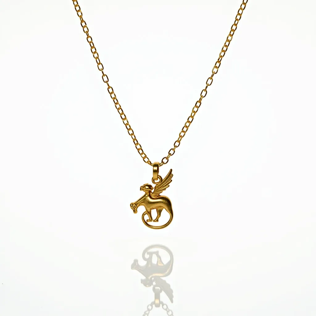 This charm necklace features a delicate gold chain and a prominently displayed gold charm in the shape of a mythical creature, likely a griffin, characterized by wings and a curled tail. The chain consists of evenly spaced oval links, creating a simple yet elegant design, and appears to have a polished finish, enhancing its golden sheen. The charm is intricately detailed, capturing the features of the creature with smooth contours and meticulous craftsmanship. The attachment connecting the charm to the chain is a simple loop, ensuring the charm hangs securely and with a natural drape. This necklace exudes a classic and mythical allure, making it a striking accessory.